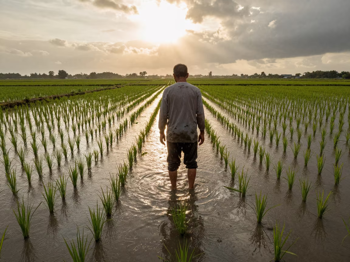 Rice Farmer Ankle Deep in Golden Hour Light in near open fields near Linz