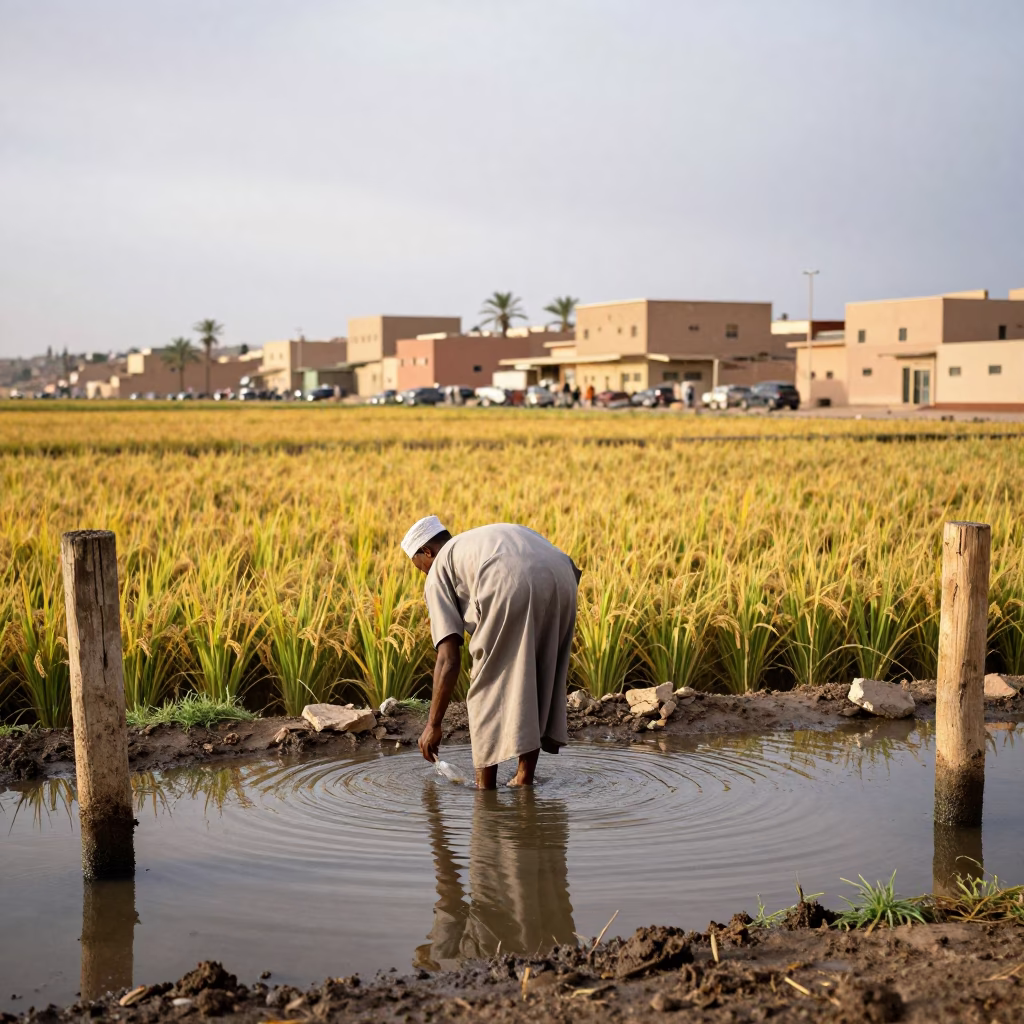 Rice Farmer in Autumn Paddies Near Harbor in at a harbor quay near Ouarzazate