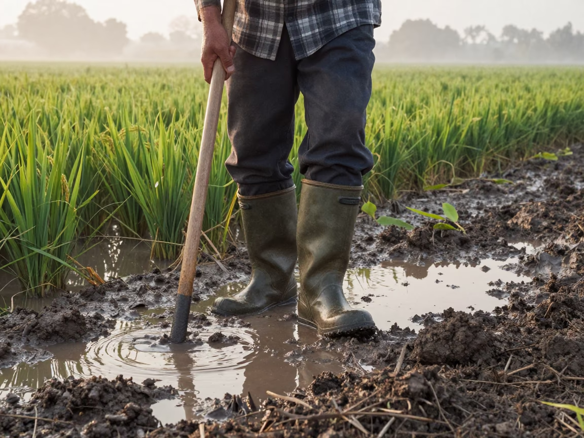 Rice Farmer in Dawn Fog Culiacán Fields in near open fields near Culiacán