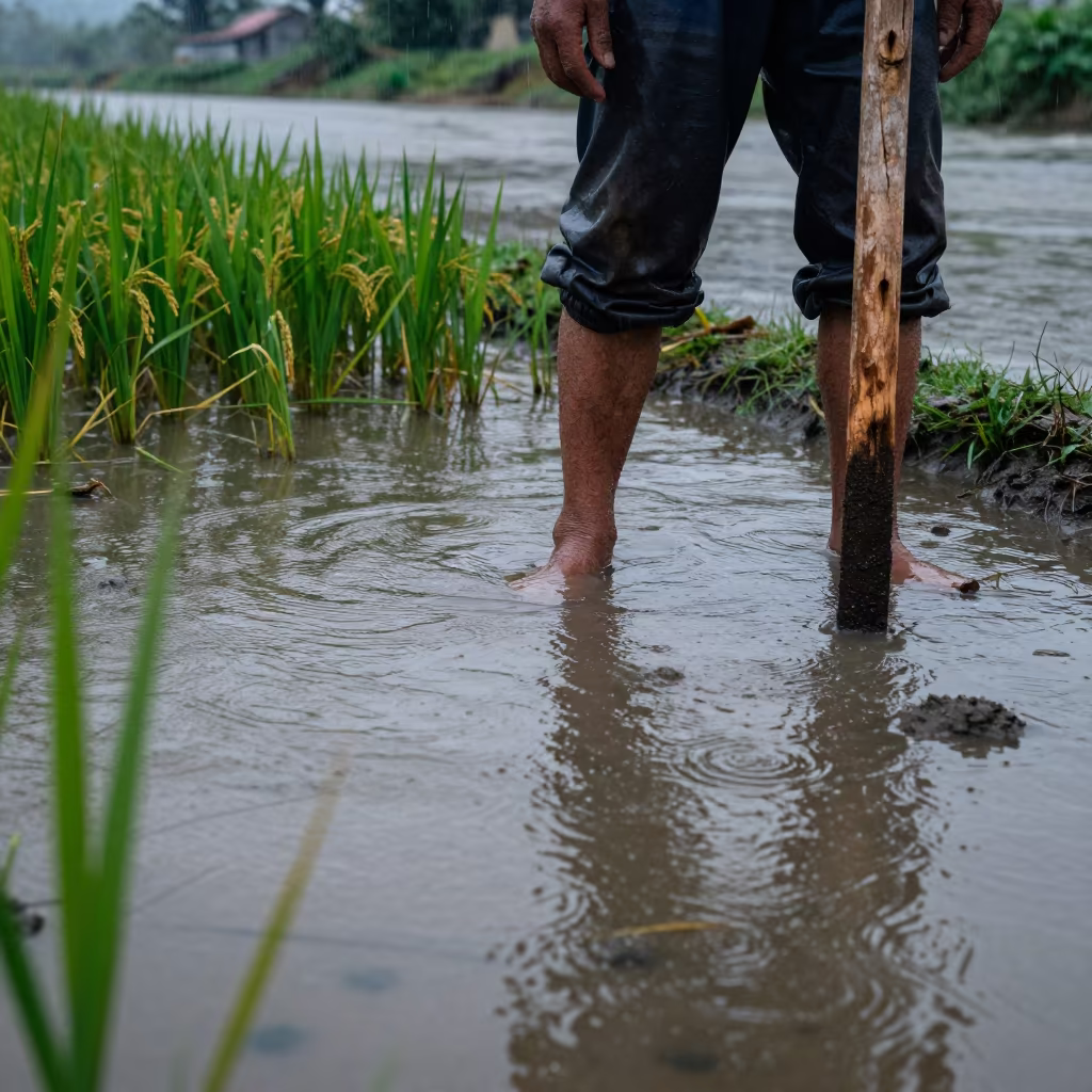 Rice Farmer in Dawn Rain Near Puente Alto in by a riverbank near Puente Alto