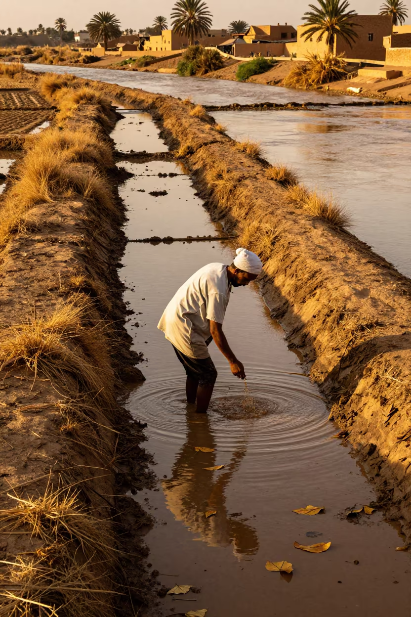 Rice Farmer in Evening Paddies Near Kenitra in by a riverbank near Kenitra