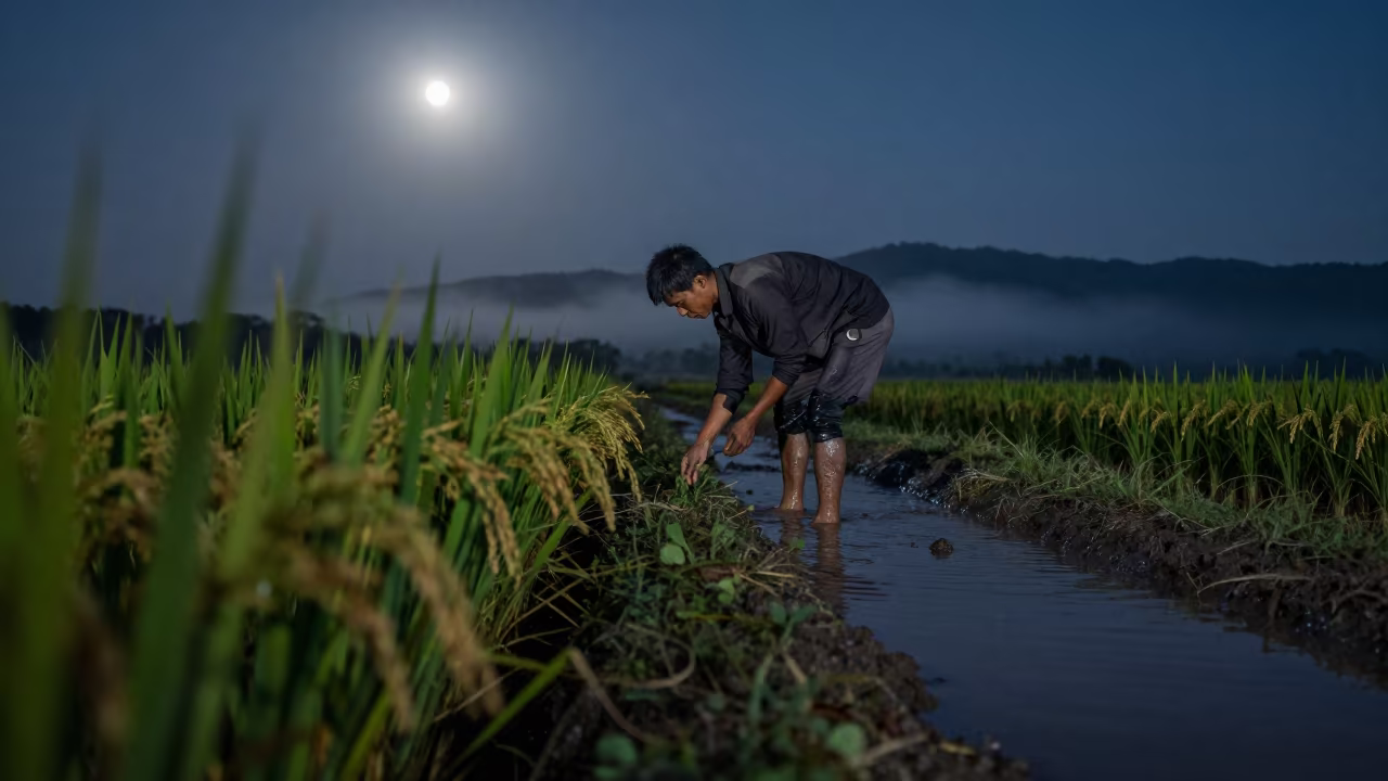 Rice Farmer in Moonlit Foggy Paddies Cuddalore in on a mountain path near Cuddalore