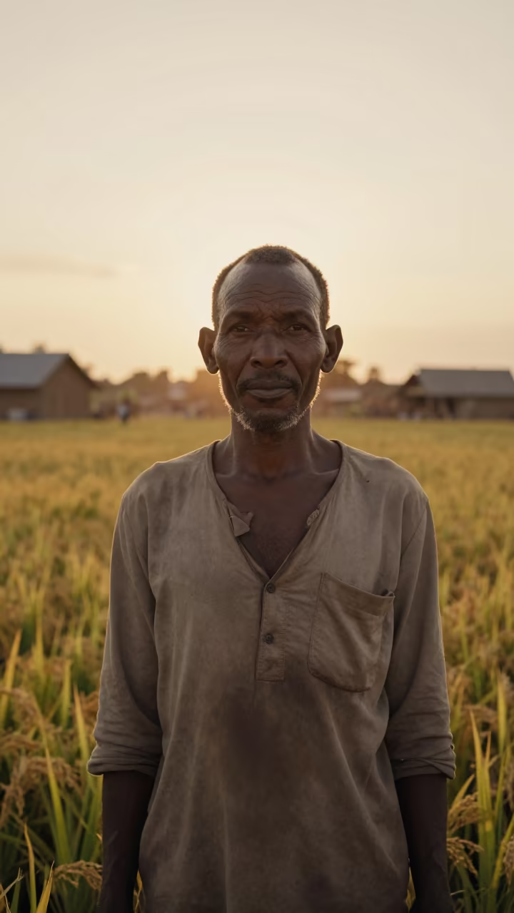 Rice Farmer Squinting in Golden Village Light in at the edge of a village square near Dar es Salaam