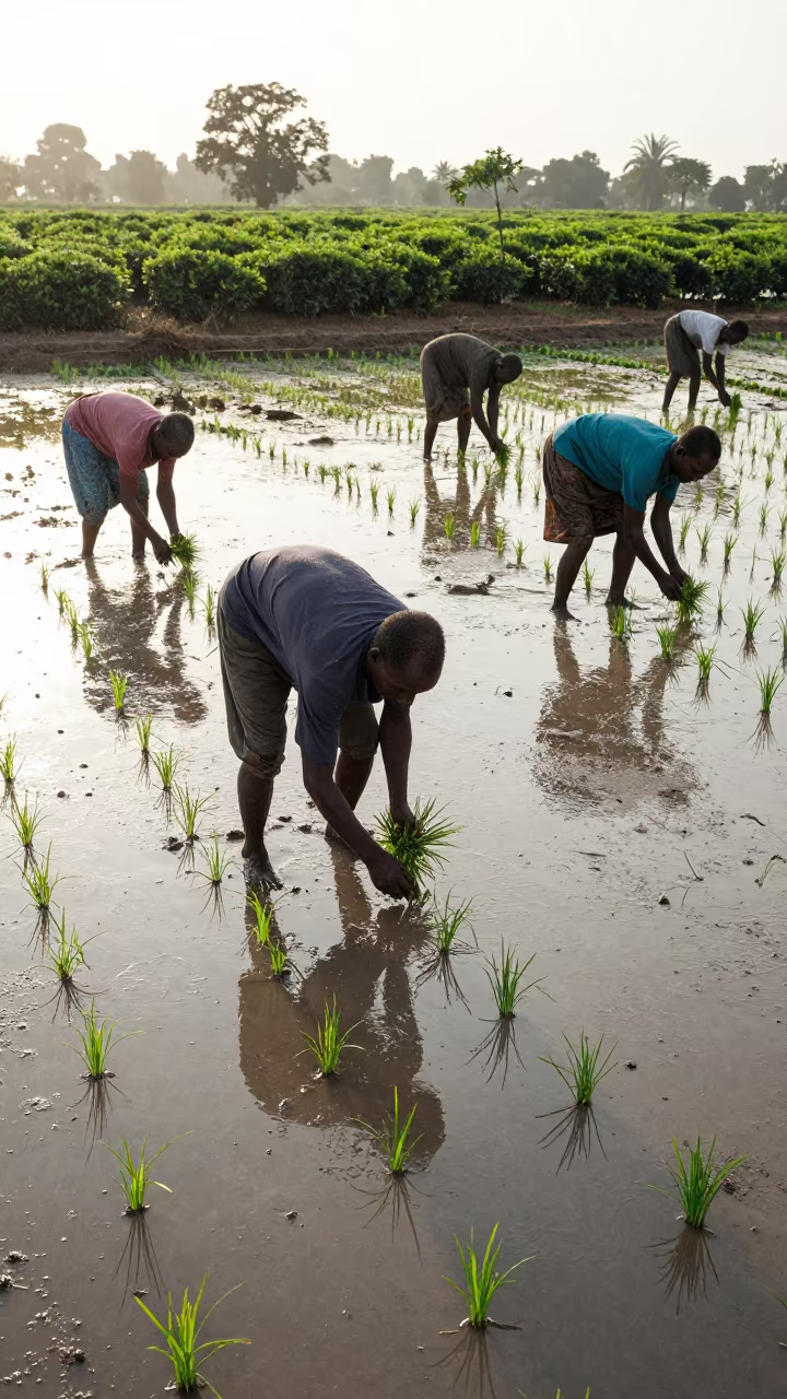 Rice Farmers Planting Seedlings Dawn Chad in at the edge of a tea plantation in Chad