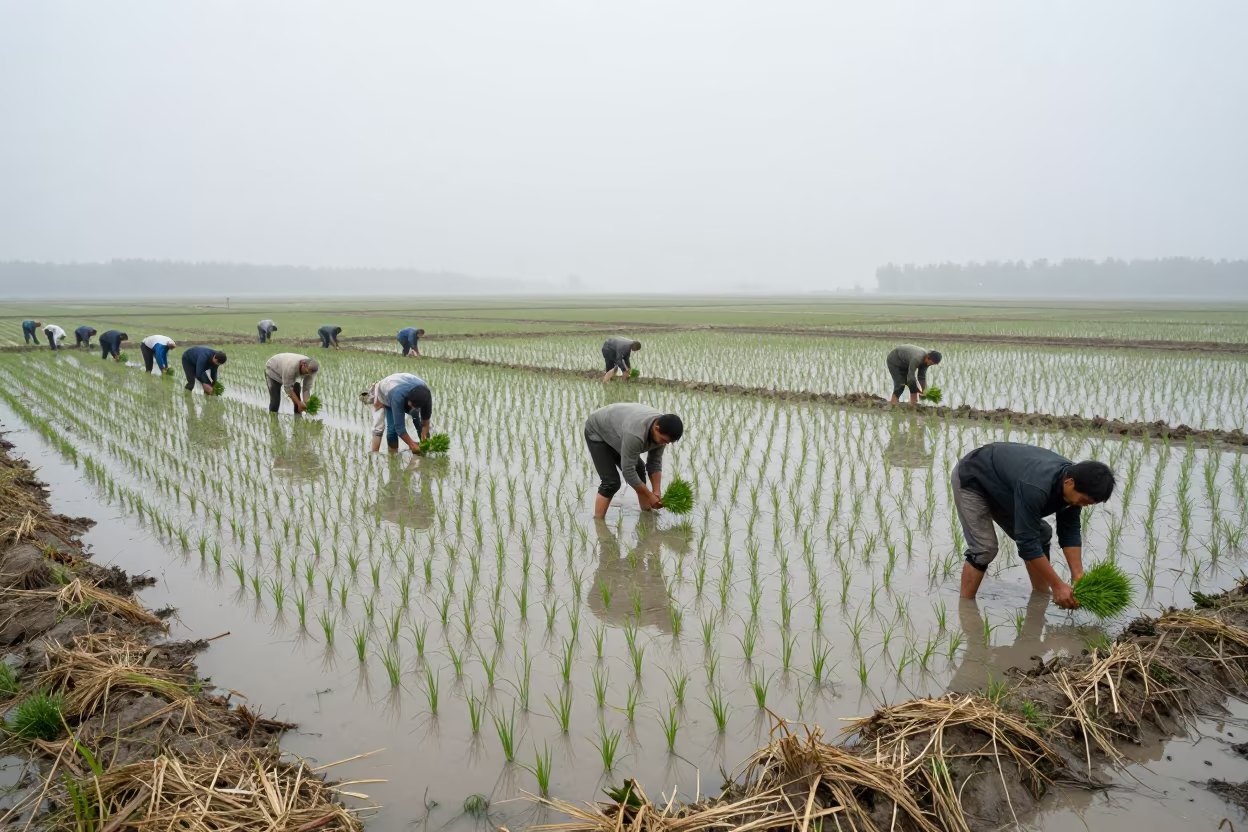 Rice Farmers Planting Seedlings in Urals Paddy at Dawn in along freshly irrigated rows in the Urals