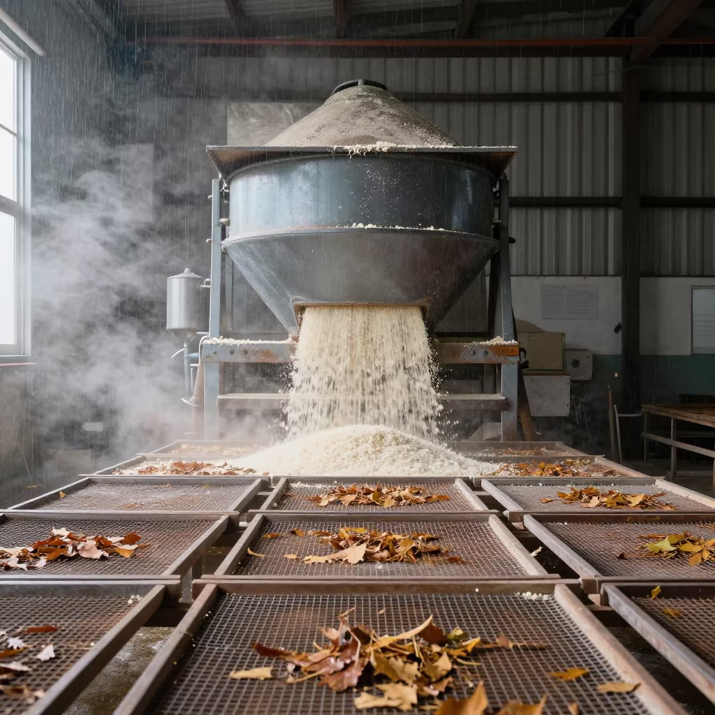 Rice Husking Mill Chaff Drift in Asturian Drying Room in inside a leaf-drying room lined with mesh trays in Asturias