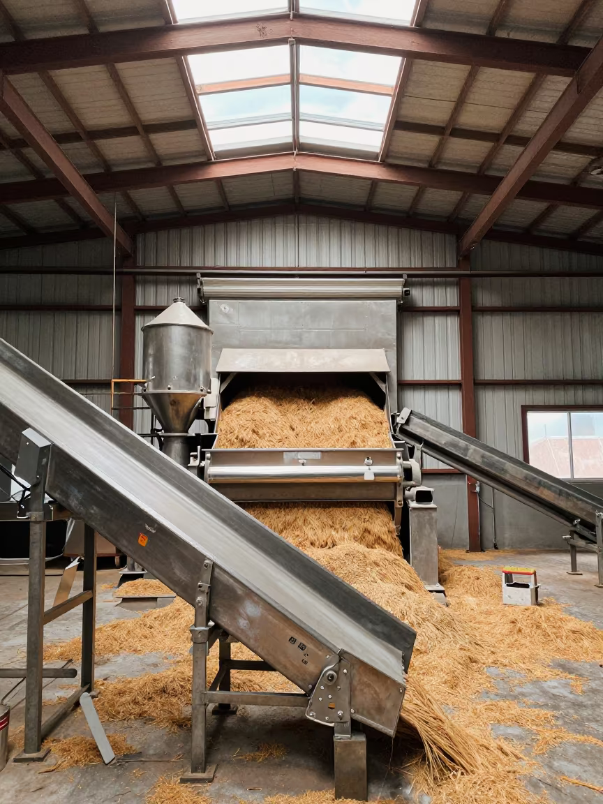 Rice Husking Mill Chaff in Boston Packing Hall in inside a packing hall with stainless conveyors in Boston