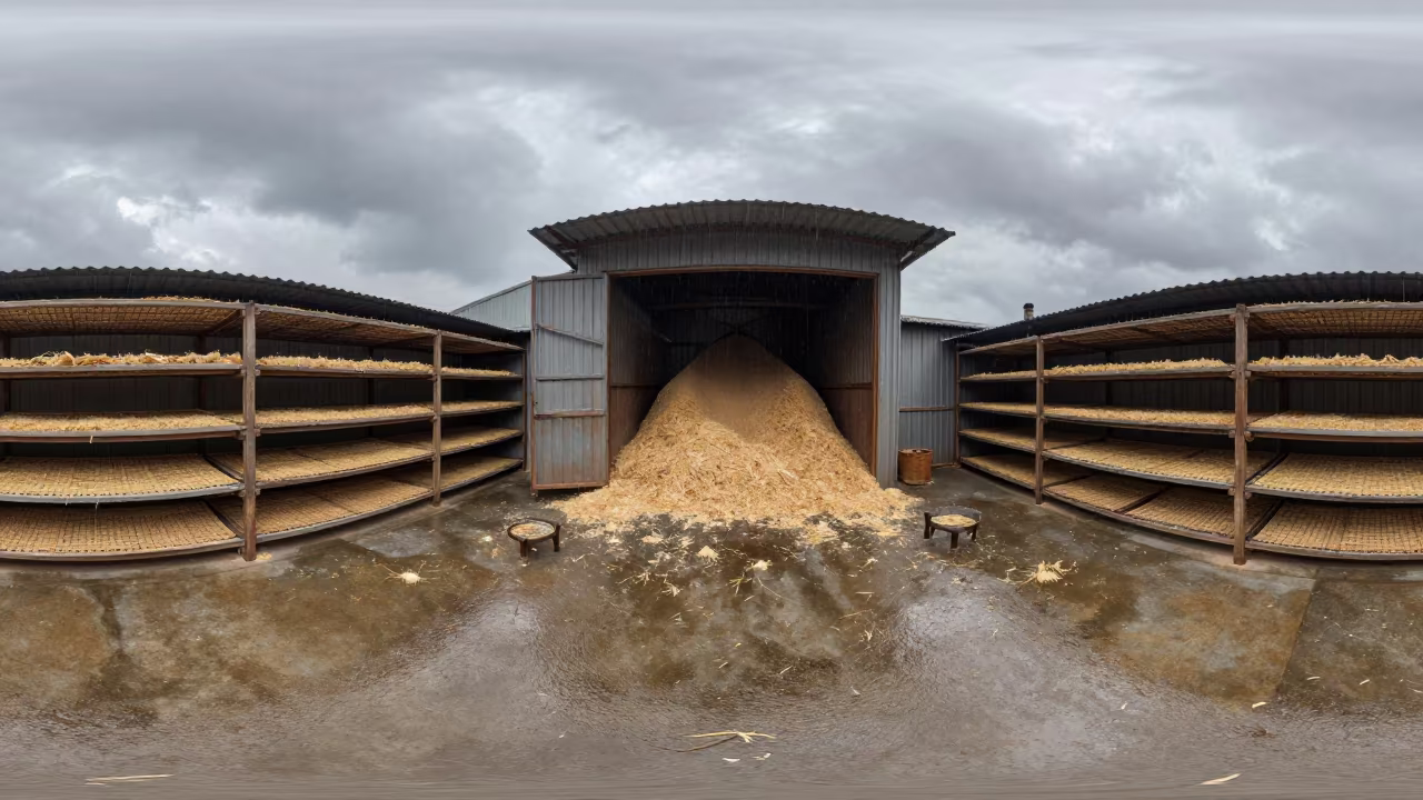 Rice Husking Mill in Kunming Leaf Drying Room in inside a leaf-drying room lined with mesh trays near Kunming