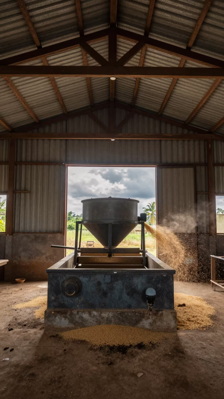 Rice Husking Mill Under Noon Sun in inside a tea-processing hall near Yaounde