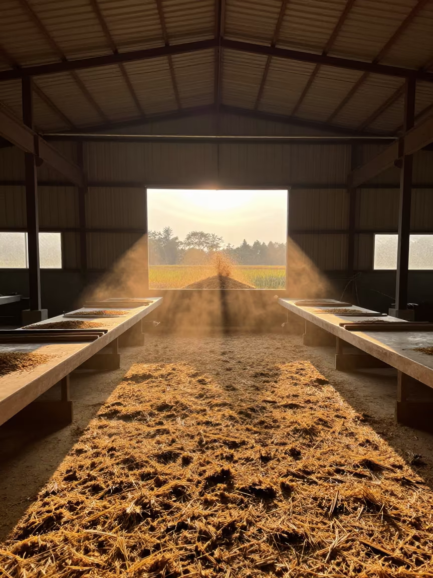 Rice Husking Mill Sunset Chaff Cloud Seiyun in along a food-processing floor with sorting tables near Seiyun