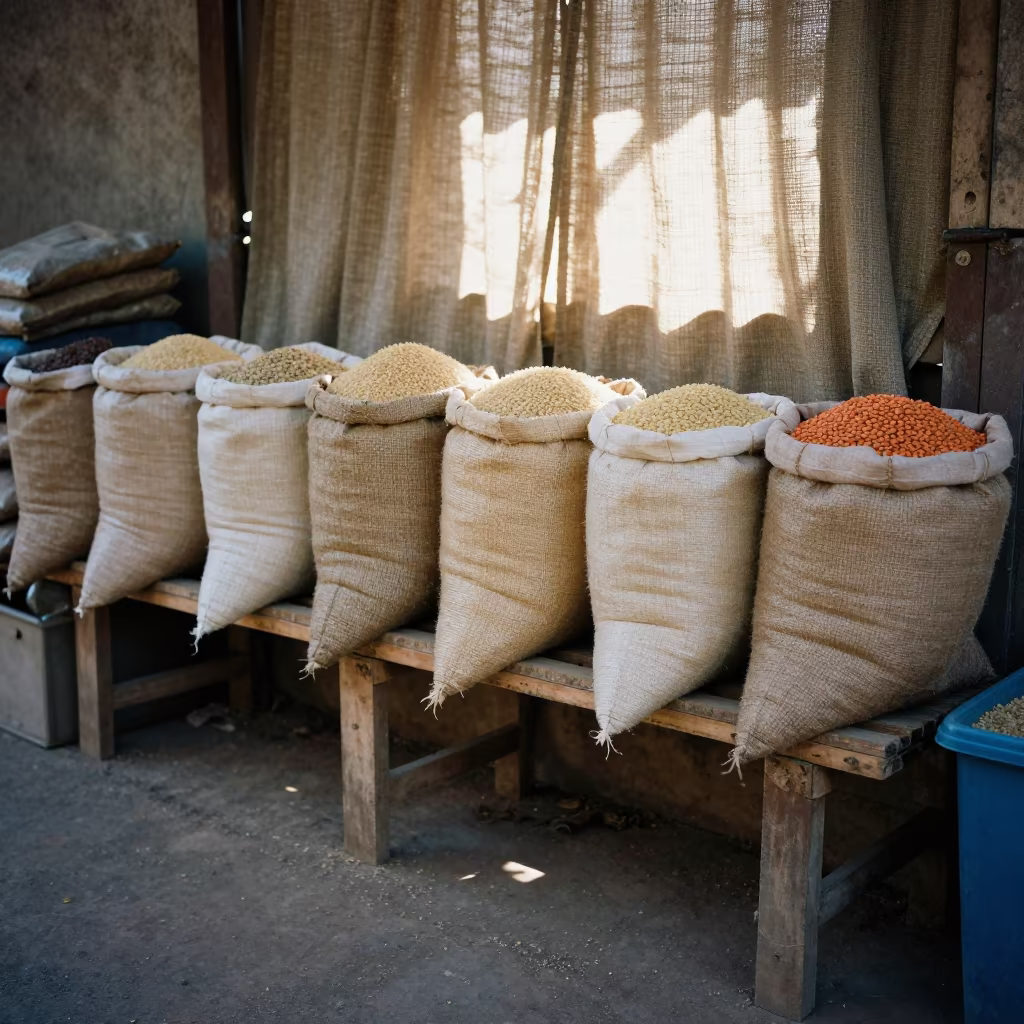 Rice and Lentil Sacks on Wooden Shelf in on a wooden shelf inside a covered market in N'Djamena