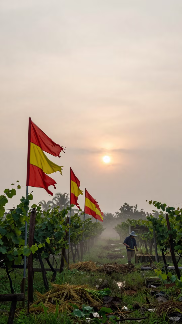 Rice Marker Flags in Dawn Haze Near Ermita Manila in between vineyard trellises near Ermita, Manila