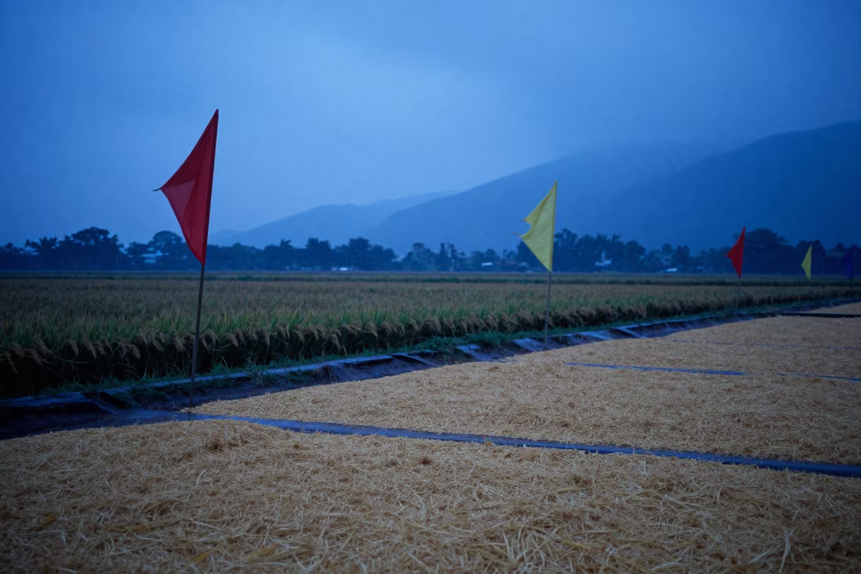 Rice Marker Flags in Rio Monsoon Evening in across a harvested grain field near Rio de Janeiro