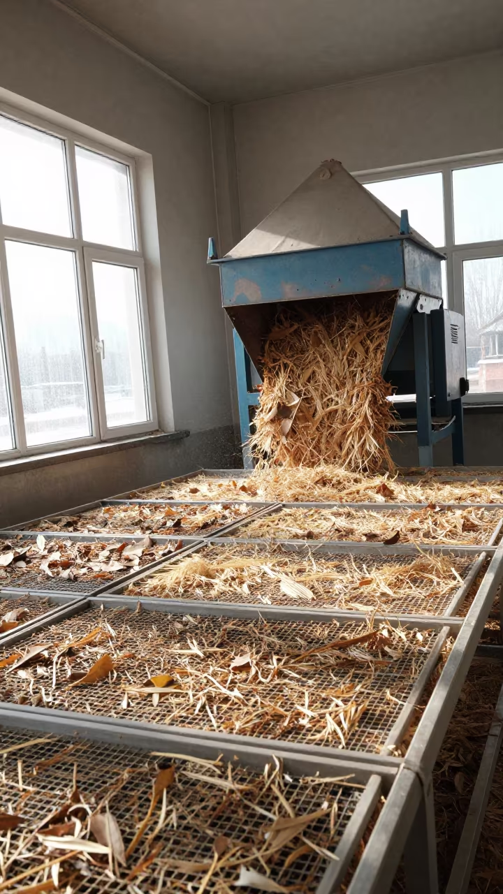 Rice Mill Chaff Drifts in Harbin Drying Room in inside a leaf-drying room lined with mesh trays in Harbin