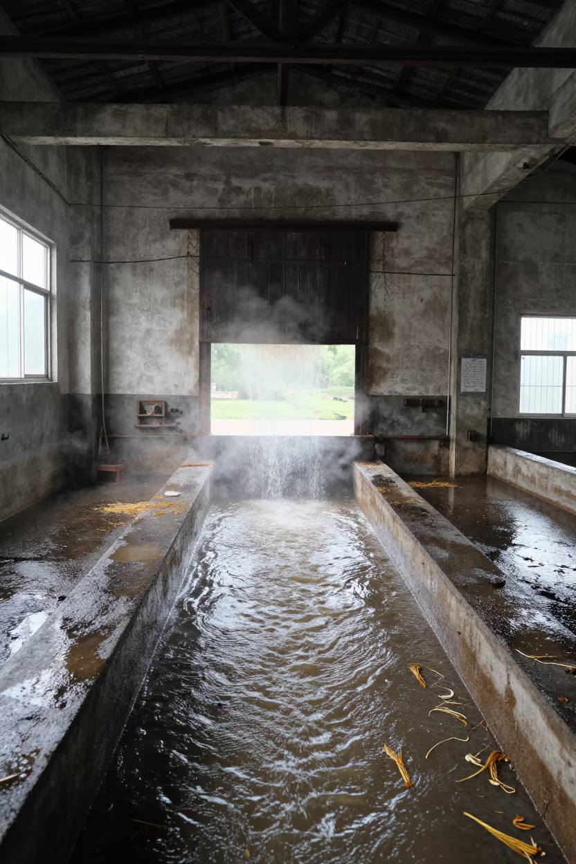 Rice Mill in Tea Hall with Uphill Water in inside a tea-processing hall in Jiangxi