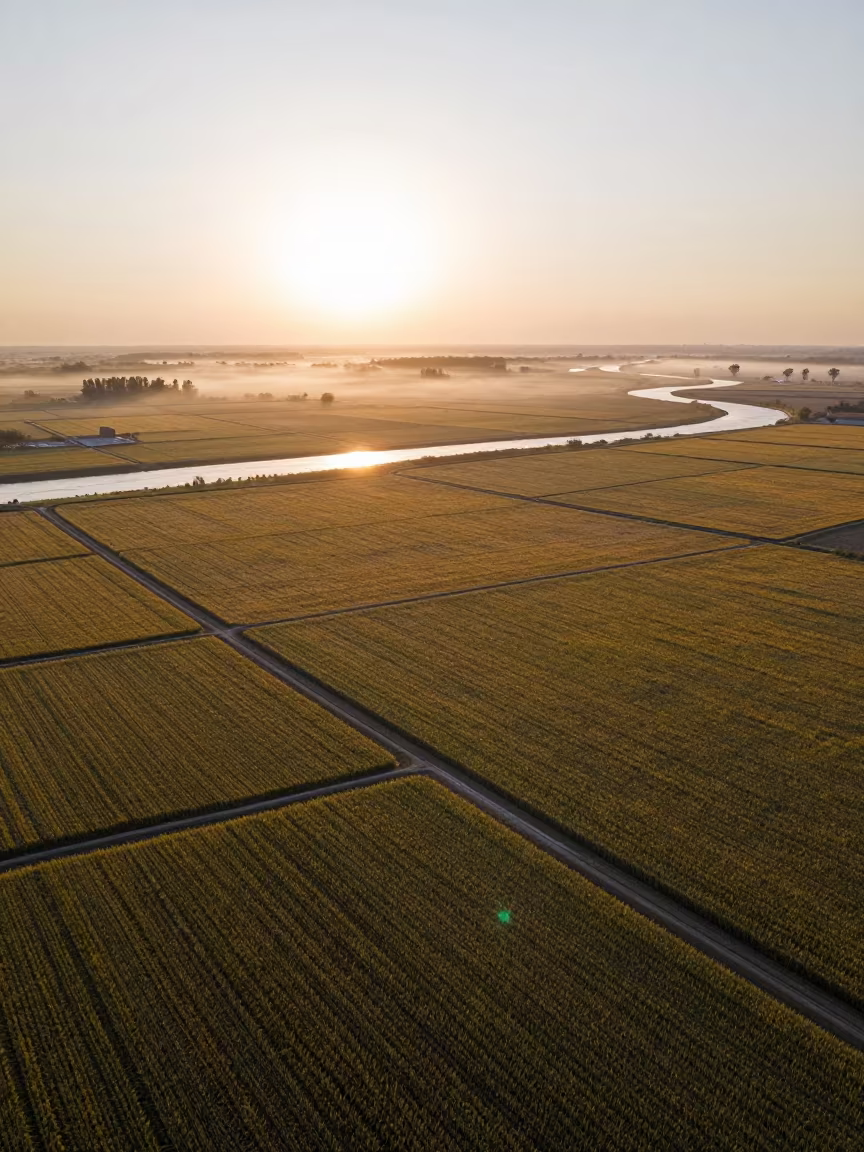 Rice Paddies Over Braided Rivers at Dawn in high above braided river channels near Zadar