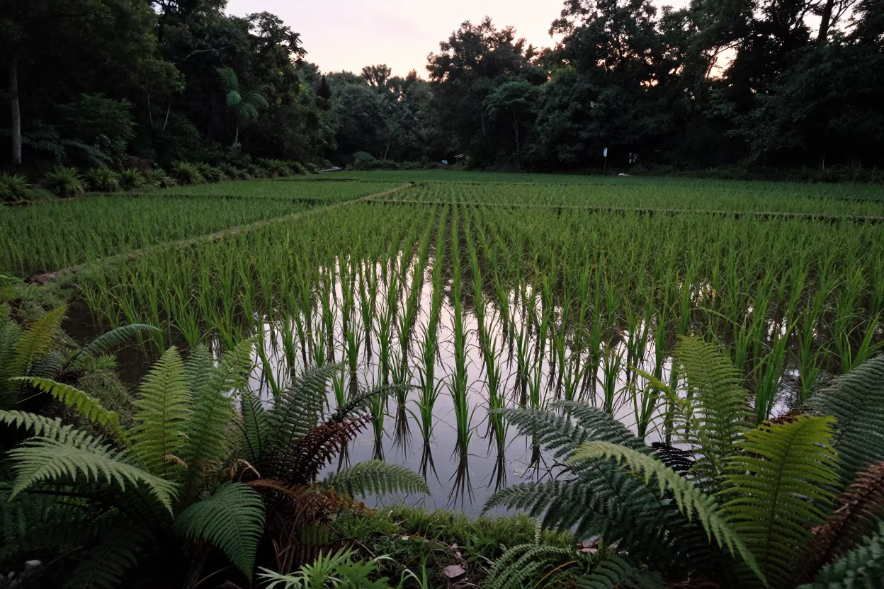 Rice Paddies Reflecting Sky in Fern Forest Rhode Island in on a fern-lined forest floor in Rhode Island
