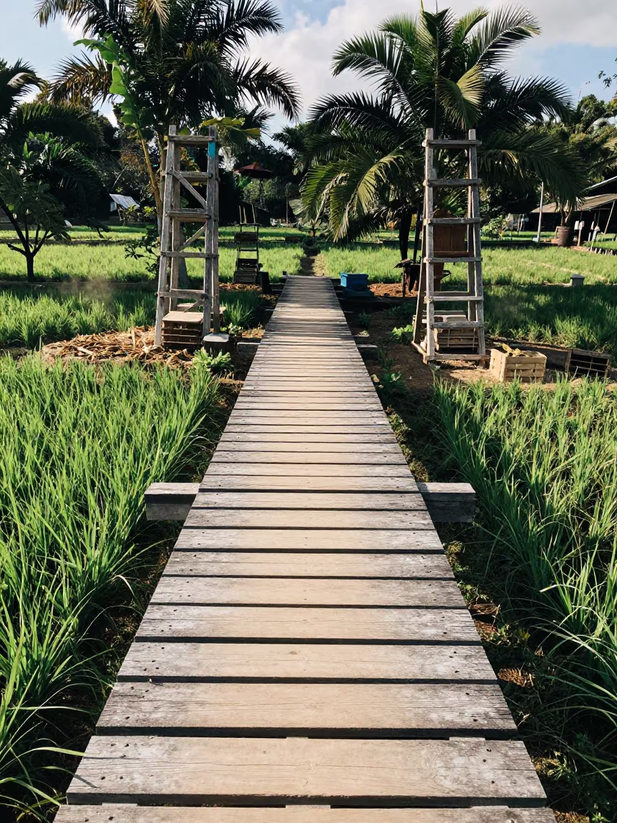 Rice Paddy Bridge and Frogs in Dominican Orchard in among orchard ladders and crates in Dominican Republic