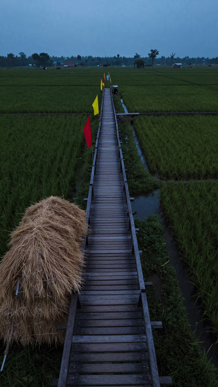Rice Paddy Bridge Over Water at Dusk in beside stacked hay bales near Glodok, Jakarta