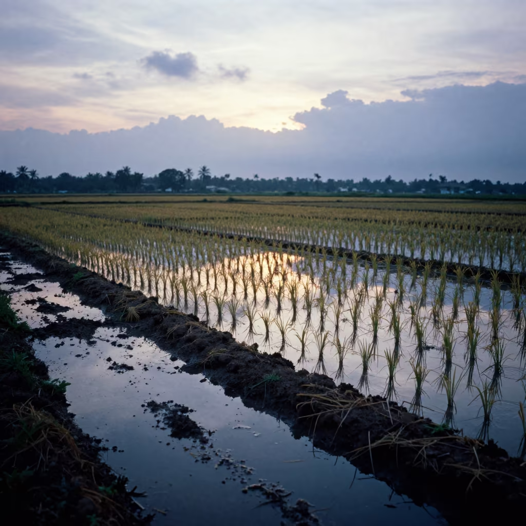 Rice Paddy Cloud Reflection at Sunset in Indonesia in across a harvested grain field in Indonesia