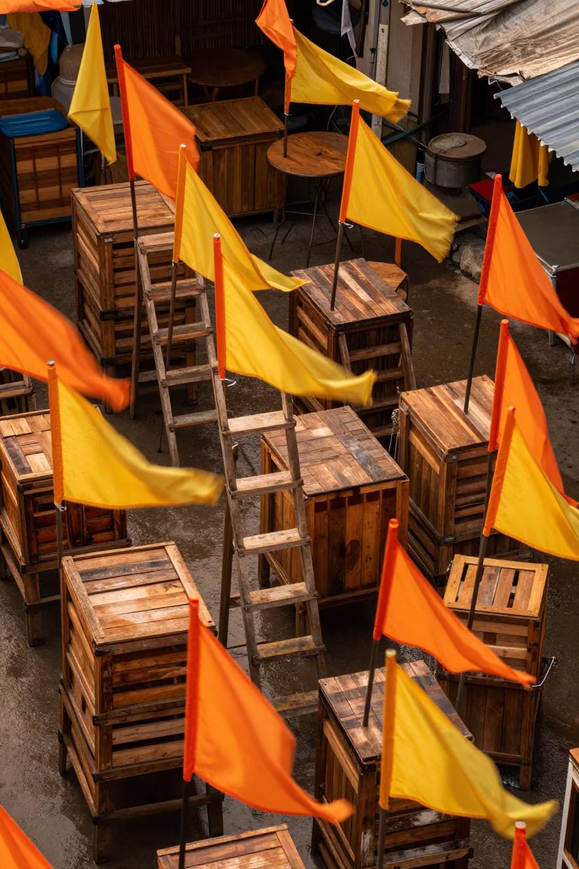 Rice Paddy Flags in Ho Chi Minh City Dusk in among orchard ladders and crates in Ho Chi Minh City