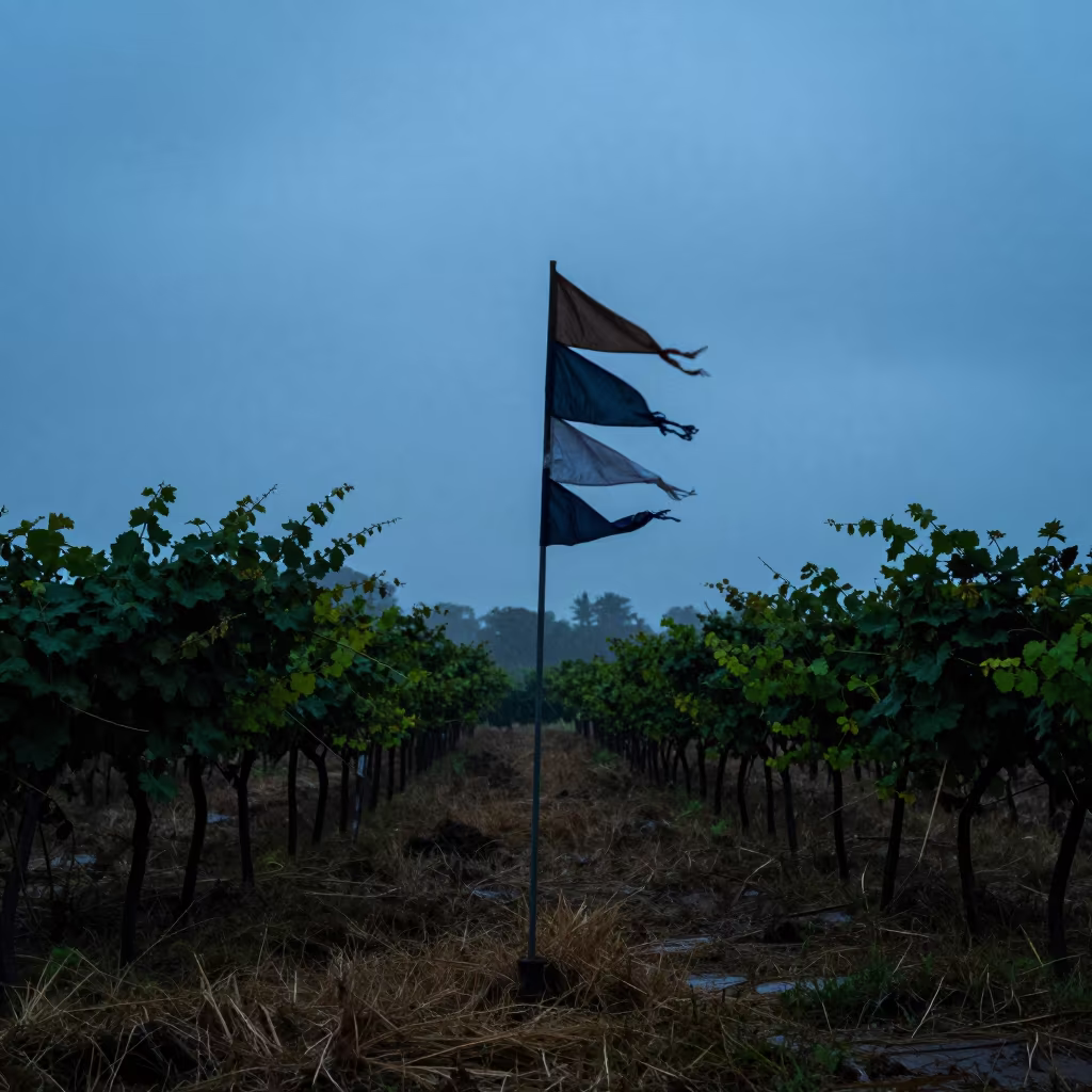 Rice Paddy Flags Silhouetted in Twilight Fog in between vineyard trellises near Dar es Salaam