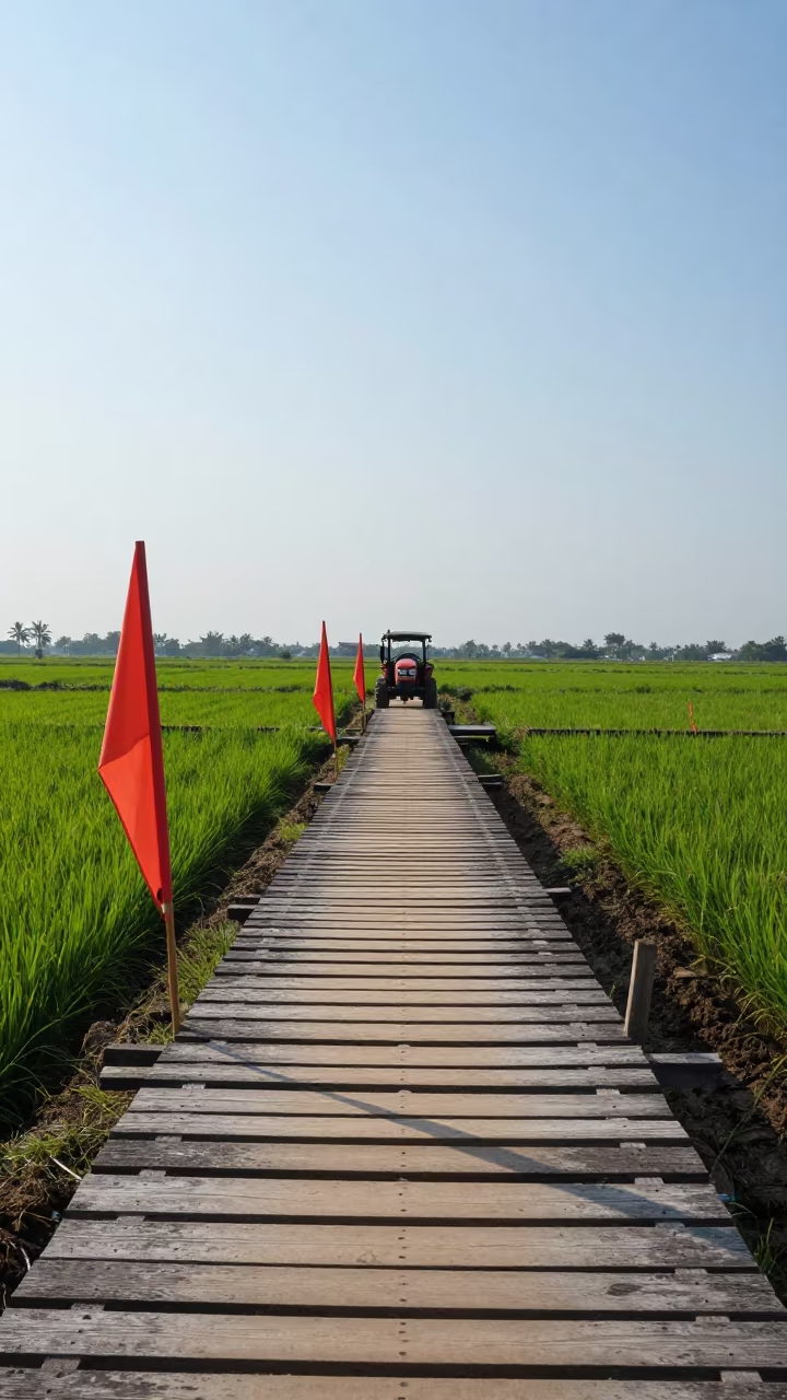 Rice Paddy Footbridge Amid Seedling Rows in beside a tractor track through dark soil in Ho Chi Minh City