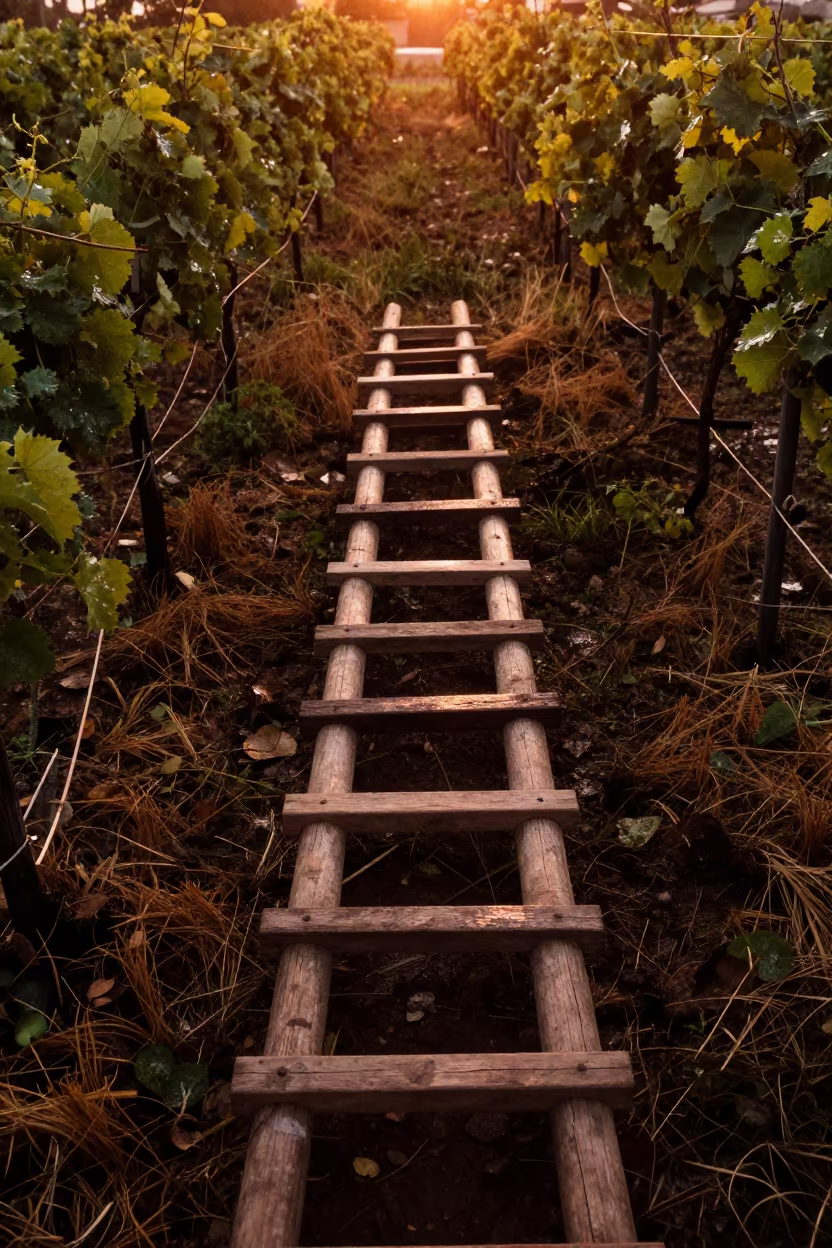 Rice Paddy Ladder in Evening Light in between vineyard trellises in District 3, Ho Chi Minh City