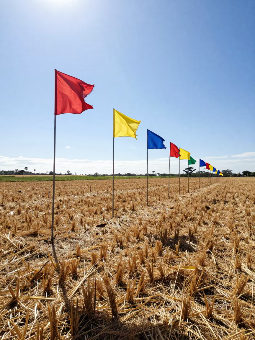 Rice Paddy Marker Flags in Brazil Monsoon in across a harvested grain field in Brazil