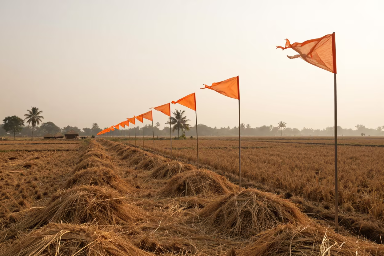 Rice Paddy Markers in Evening Monsoon Wind in beside stacked hay bales in Tamil Nadu