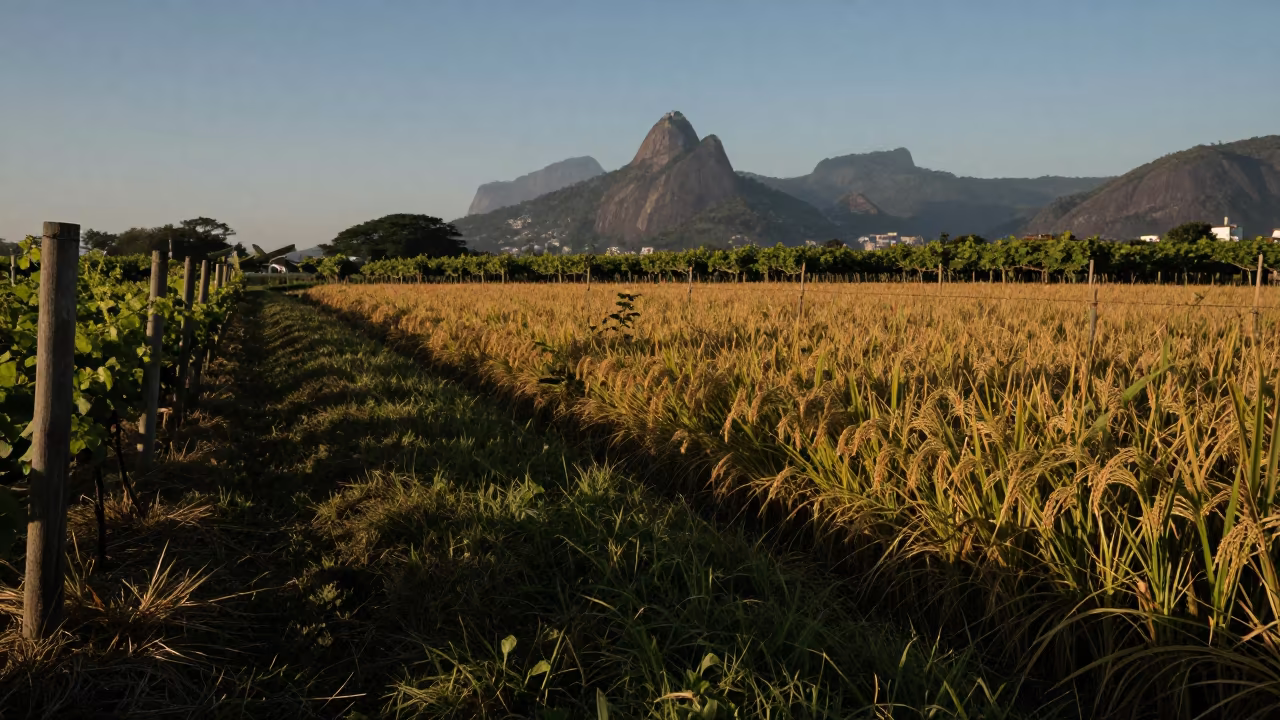 Rice Paddy Milking Line Under Evening Blue Light in between vineyard trellises near Urca, Rio de Janeiro