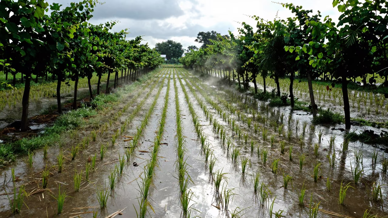 Rice Paddy Mirroring Storm Light After Rain in between vineyard trellises near Bangkok
