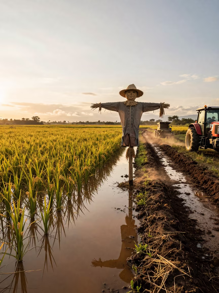 Rice Paddy Scarecrow Reflected in Golden Water in beside a tractor track through dark soil near Gloria, Rio de Janeiro