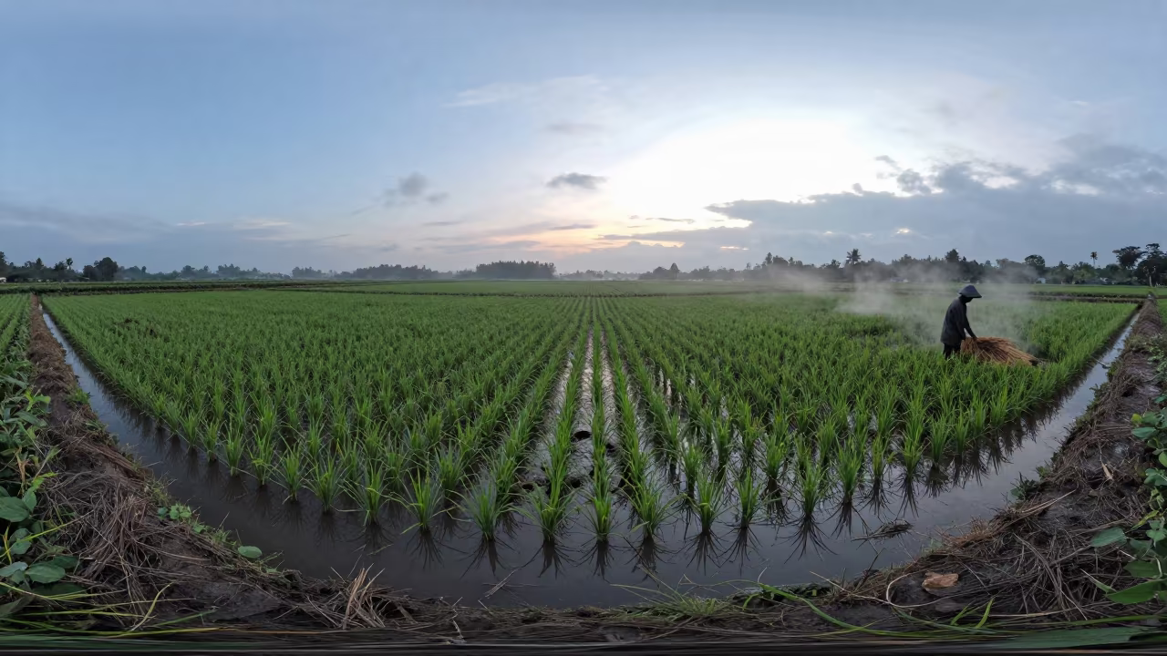 Rice Paddy Silhouetted Against Dawn Light in at the edge of a tea plantation in Philippines
