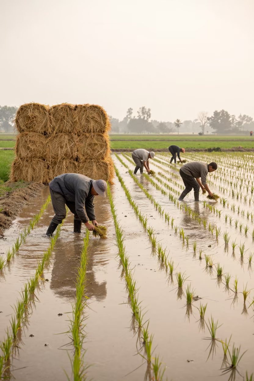 Rice Planting At Dawn Beside Slovenian Hay Bales in beside stacked hay bales in Slovenia