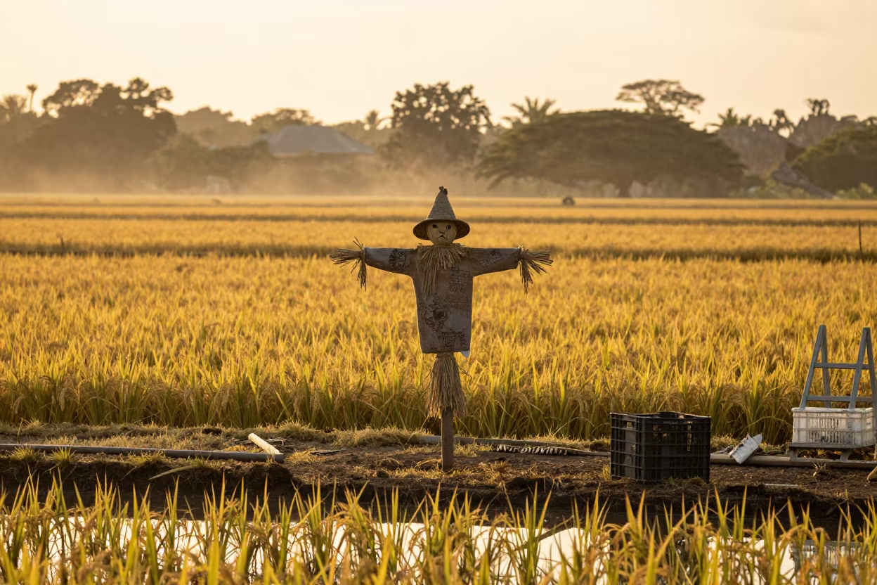 Rice Scarecrow Reflection Golden Hour Mauritius in among orchard ladders and crates in Mauritius