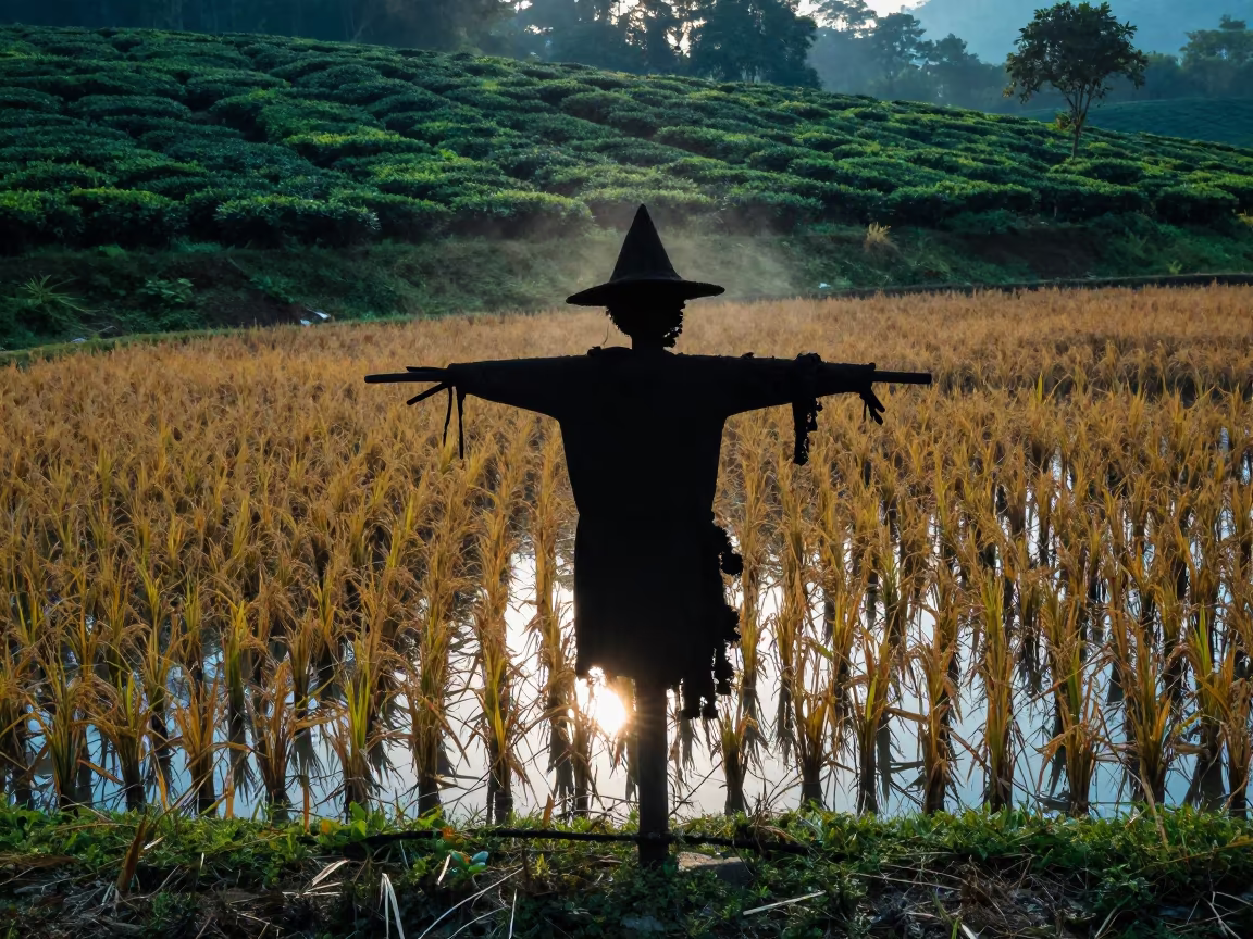 Rice Scarecrow Silhouette in Tea Water in at the edge of a tea plantation in Kuala Lumpur
