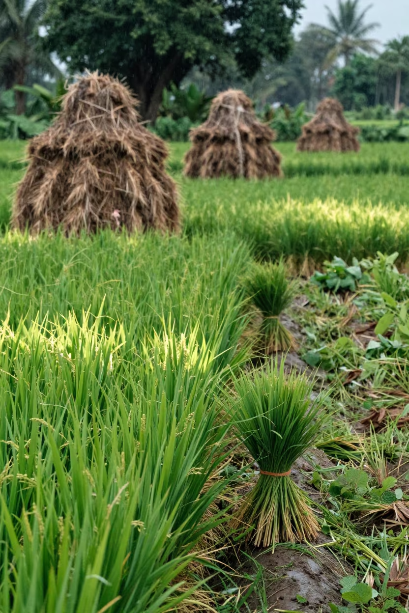 Rice Seedlings Bundled Near Hay Bales in Wolaita Sodo in beside stacked hay bales in Wolaita Sodo