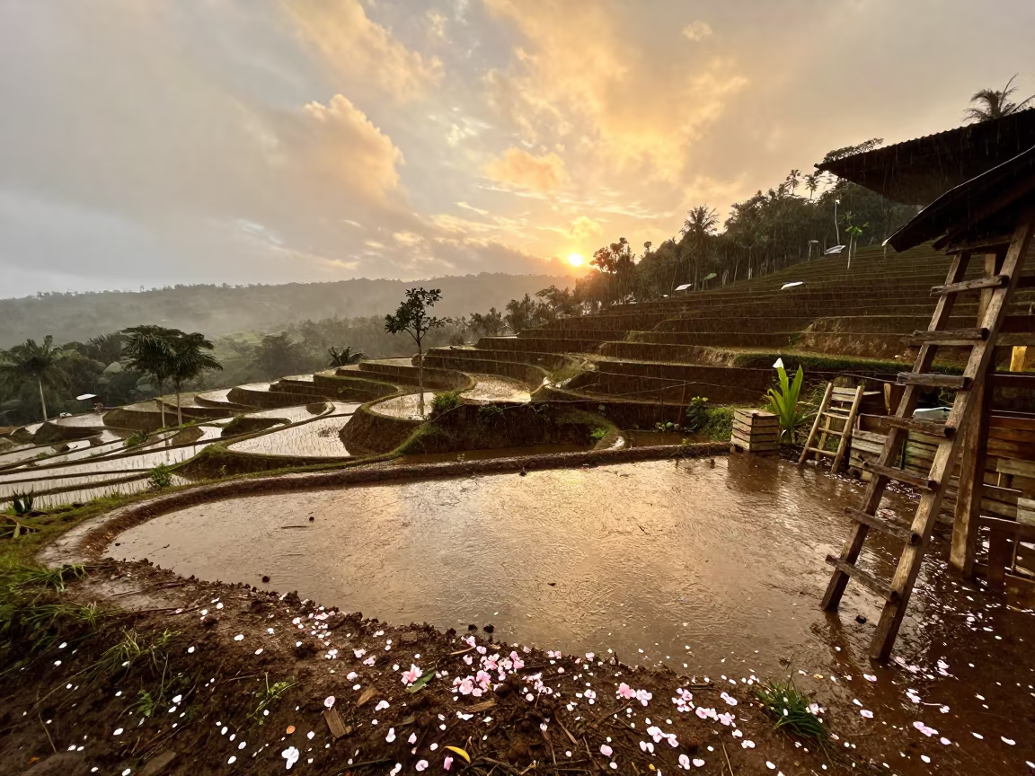 Rice Terrace Rain Sunset Blossom Petals Salvador in among orchard ladders and crates in Salvador
