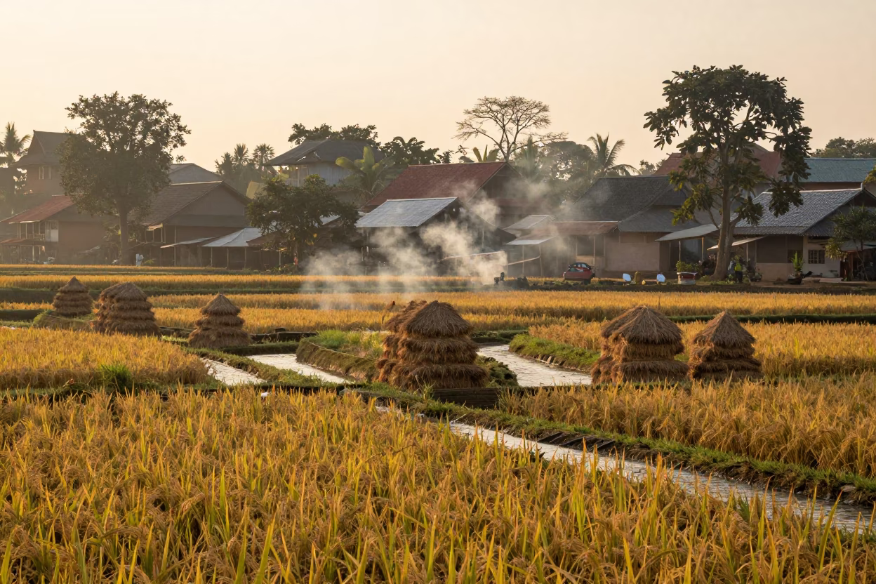 Rice Terrace Village Morning Smoke Phnom Penh in beside stacked hay bales in Phnom Penh