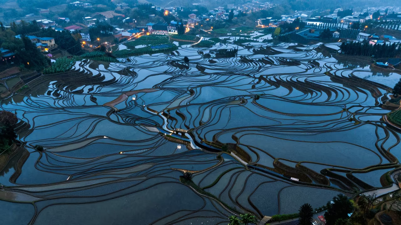 Rice Terraces Aerial View Rainy Season Steel Blue Light in far above orchard blocks and irrigation lines near Guarenas