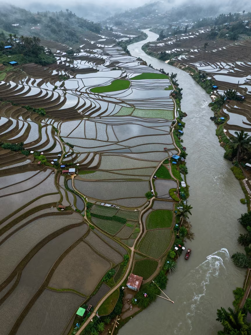 Rice Terraces Over Braided River Channels in high above braided river channels near Barinas