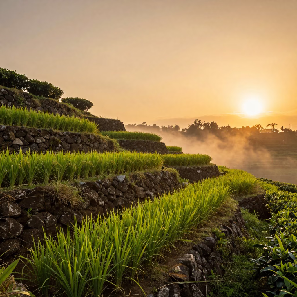 Rice Terraces at Sunset in Hawaii Tea Plantation in at the edge of a tea plantation in Hawaii