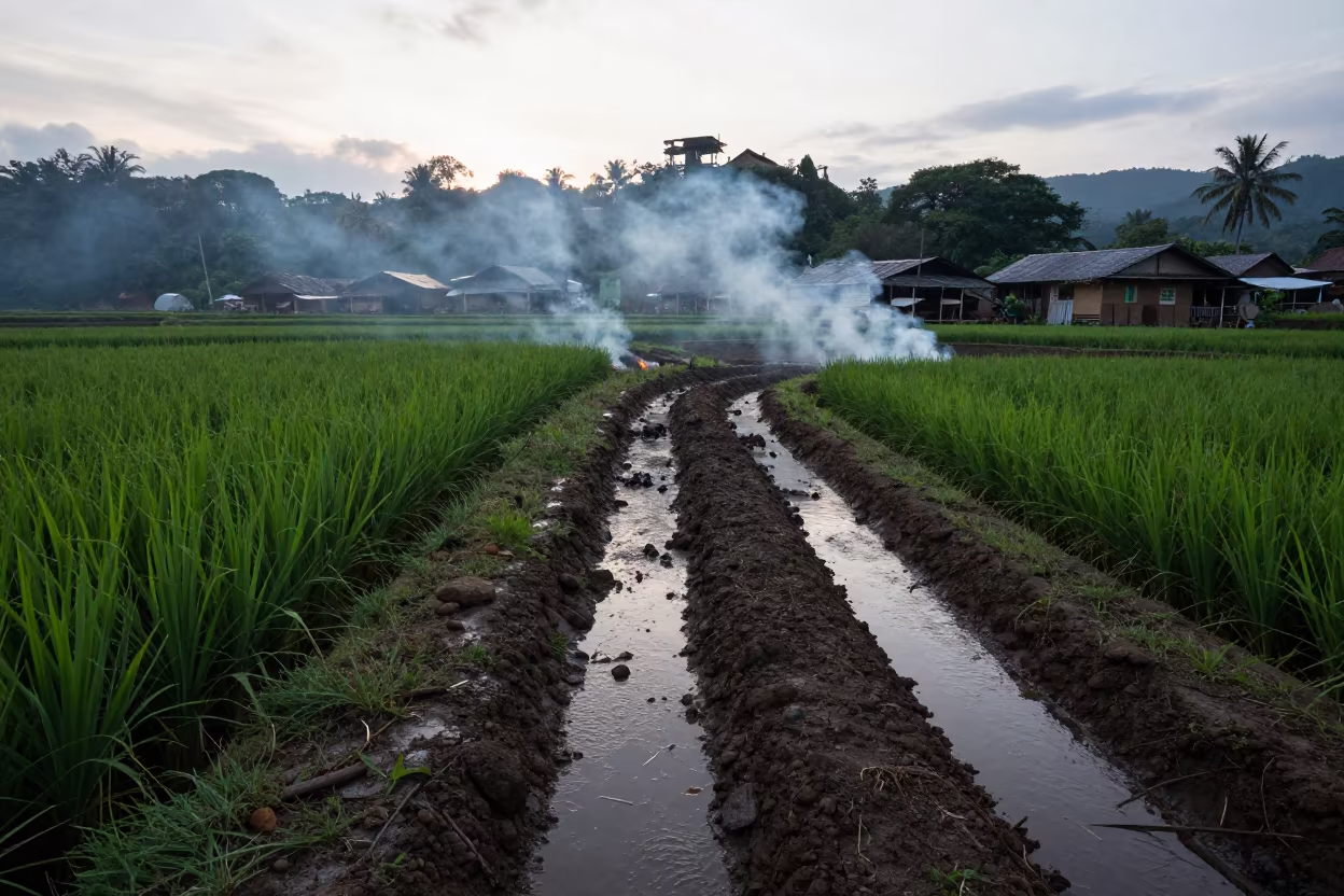 Rice Village Smoke Rising Over Wet Terraces in beside a tractor track through dark soil in Dominican Republic