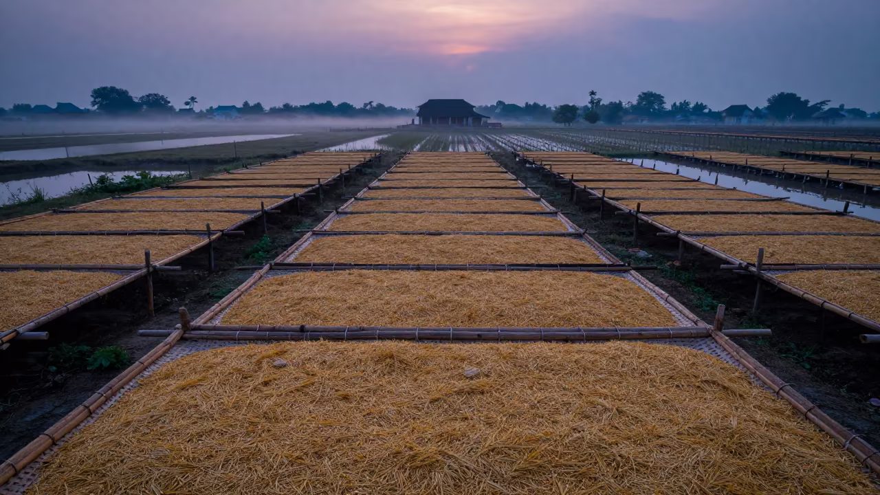 Rice on Woven Mats Between Vineyard Trellises in between vineyard trellises in West Bengal