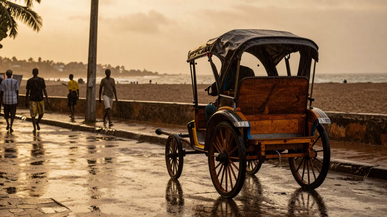 Rickshaw in Amber Monsoon Rain Before Sunset in near Dar es Salaam