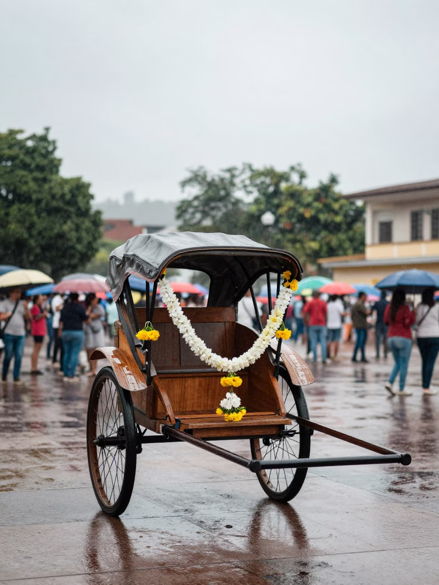Rickshaw Decorated With Garlands In Puerto Cabello in at a public square during a festival in Puerto Cabello