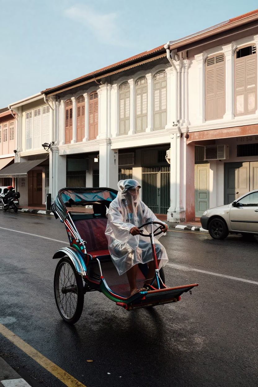 Rickshaw Driver in George Town at The Early Afternoon Light in in George Town, Malaysia
