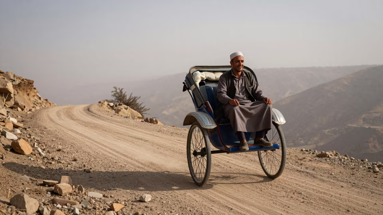 Rickshaw Driver in Late Afternoon Mountain Mist in on a mountain path near Baghdad