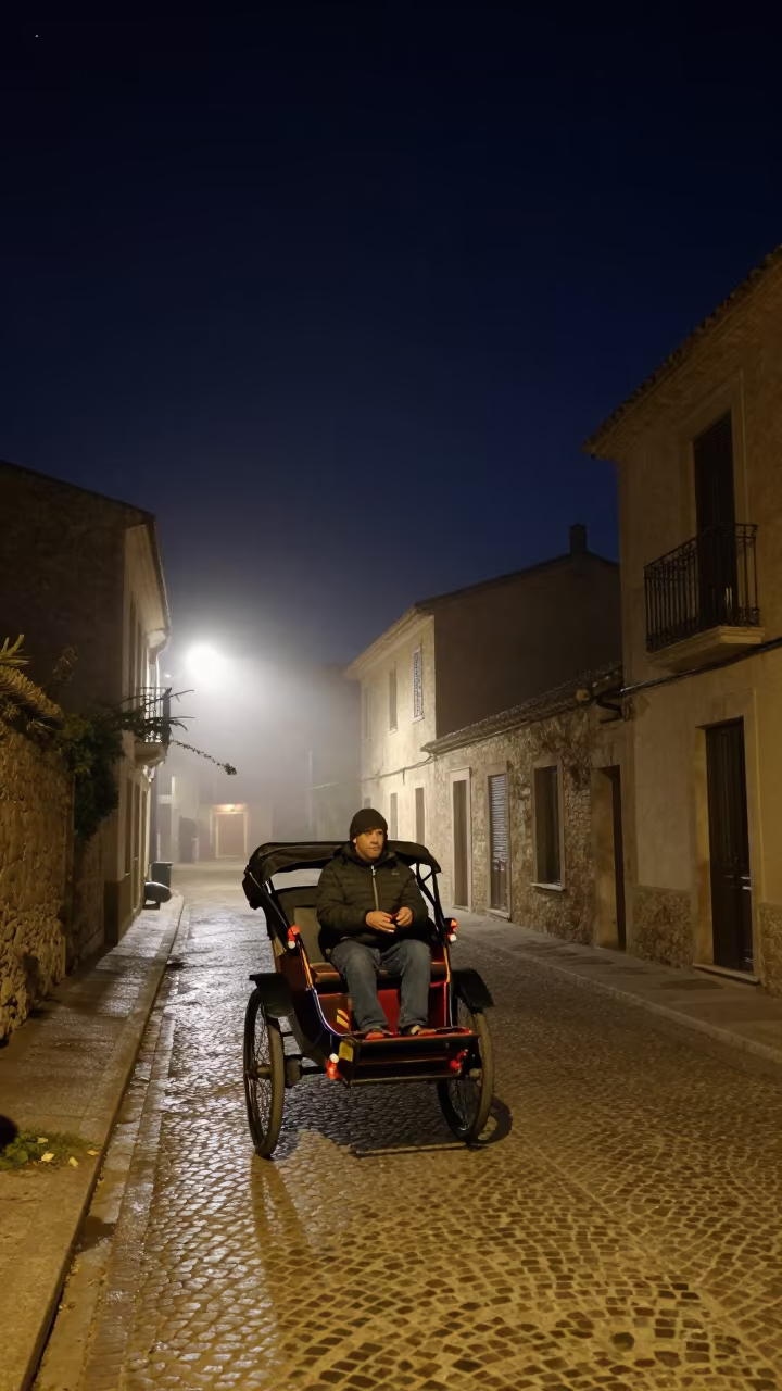 Rickshaw Driver in Mallorca Night Fog in in a village lane near Palma de Mallorca